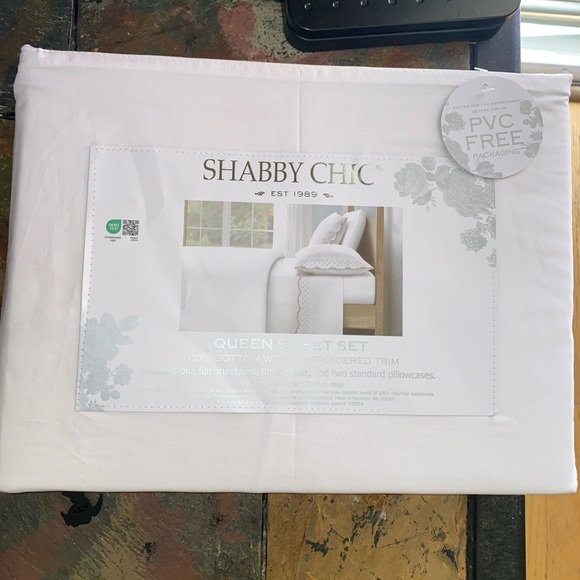 Shabby Chic White Cotton Enbroidered Scallop Dot Natural QUEEN Sheet Set 4pc - Picture 9 of 13